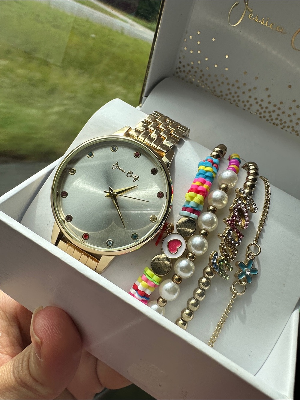 Gold-Tone Watch and Multicolor Bracelet Set